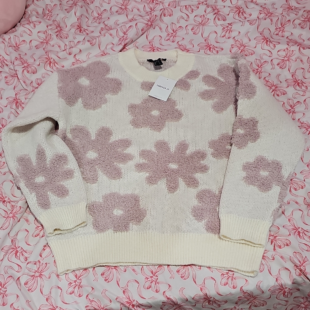 Forever 21 Cream and Pink Floral Sweater